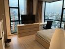 Modern bedroom with city view and ample lighting