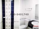 Modern bathroom with dark blue wall tiles