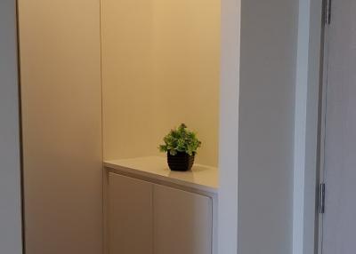 Minimalist entryway with decorative wall hooks and a built-in storage cabinet