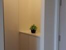 Minimalist entryway with decorative wall hooks and a built-in storage cabinet