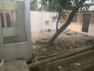 View of the backyard area with a tree and debris