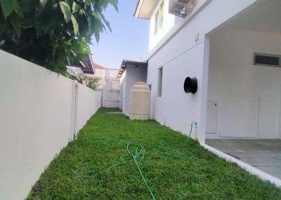 Lush green lawn at the side of a residential building with a garden hose on the grass