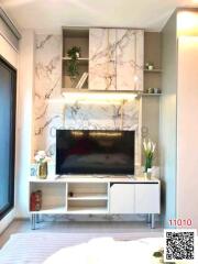 Modern living room interior with marble wall and mounted television