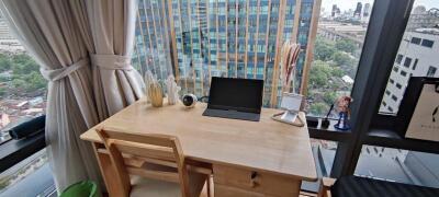 Modern home office space with a city view