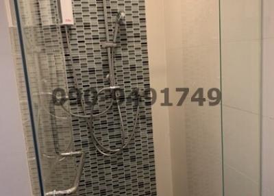 Modern shower with mosaic tiles and glass door