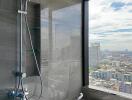 Modern bathroom with cityscape view