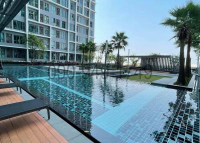 Elegant outdoor swimming pool with a wooden deck at a residential building