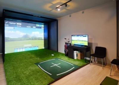 Modern home entertainment room with golf simulator setup
