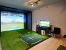 Modern home entertainment room with golf simulator setup