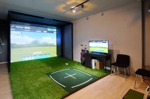 Modern home entertainment room with golf simulator setup