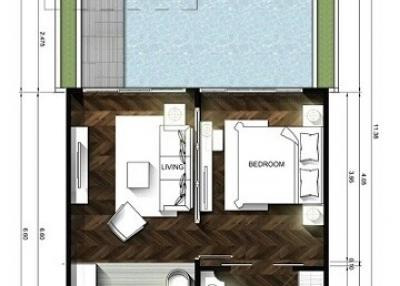 Architectural floor plan of a one-bedroom villa with furniture layout