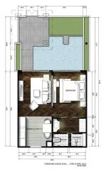 Architectural floor plan of a one-bedroom villa with furniture layout