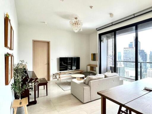 Modern living room with city skyline view