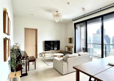 Modern living room with city skyline view