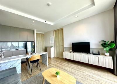 Modern living room interior with open kitchen design