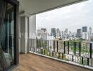 Spacious balcony with cityscape view and wooden floor