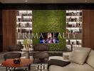 Modern living room interior with a vertical garden and cozy seating arrangement