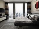 Modern bedroom with city view and elegant interior design