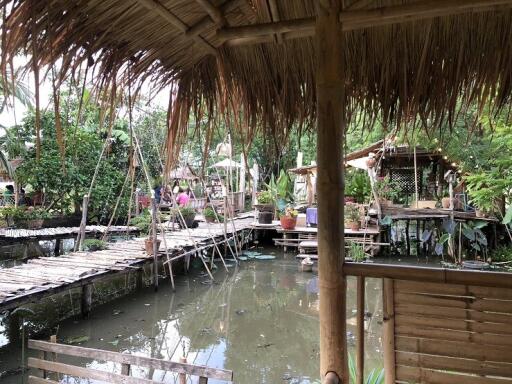 Rustic garden with pond and bamboo structures