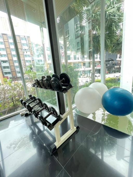 Home gym with exercise equipment and view of the outdoors