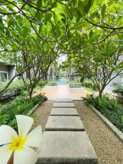 Paved pathway in a serene garden leading to modern residential buildings