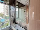 Modern bathroom with natural light and city view