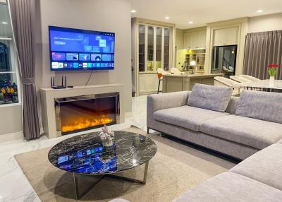 Modern living room interior with fireplace and open concept layout