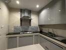 Modern kitchen with stainless steel appliances and gray cabinetry
