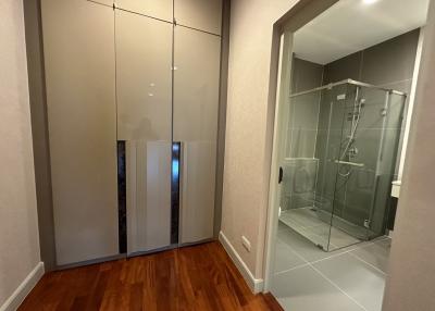 Hallway with wardrobe and entrance to the modern bathroom