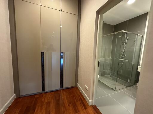 Hallway with wardrobe and entrance to the modern bathroom