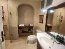 Spacious bathroom with walk-in shower and modern amenities