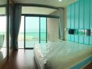 Modern bedroom with ocean view and bright interior design
