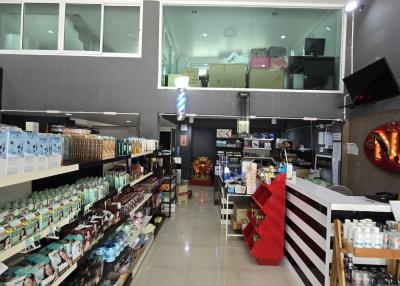 Spacious and well-stocked interior view of a retail store with shelves full of products