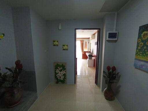 Bright and welcoming hallway in a house with tiled floor and decorative elements