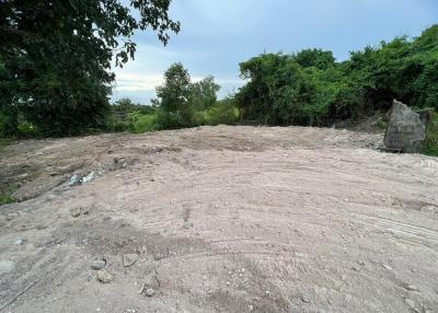 Vacant lot ready for construction with greenery in the background