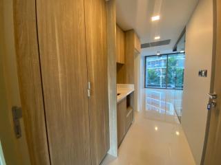 Modern interior corridor with glossy floor and wooden elements