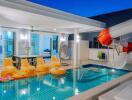 Luxurious pool area with direct access to the living space and playful inflatables