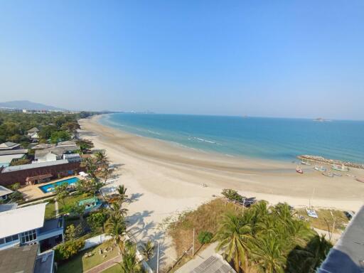 Breathtaking beachfront view from a high vantage point showing sandy beach, ocean, and skyline