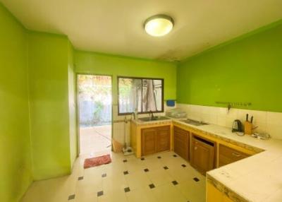 Bright kitchen with green walls and wooden cabinets