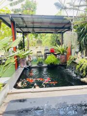 Cozy backyard with a koi pond and lush greenery