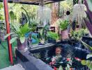 Lush garden patio with koi pond and decorative plants