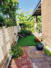 Cozy garden path with artificial grass and plants