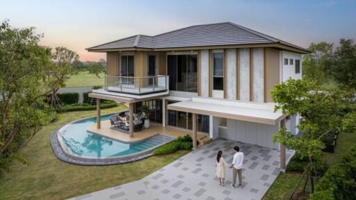 Modern two-story house with pool and garden