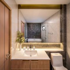 Contemporary bathroom with wooden cabinets and clean design