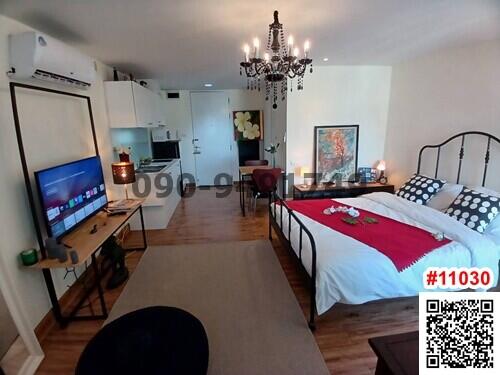 Compact and fully furnished studio apartment with combined living, bedroom and kitchen space