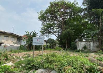 Vacant land plot with overgrown vegetation and surrounding buildings
