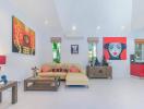 Bright and colorful living room with modern art and comfortable seating