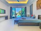 Spacious and well-lit bedroom with direct pool view
