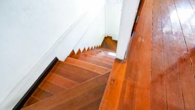 Wooden staircase inside a home leading downwards