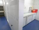 Spacious kitchen with blue flooring and white cabinetry